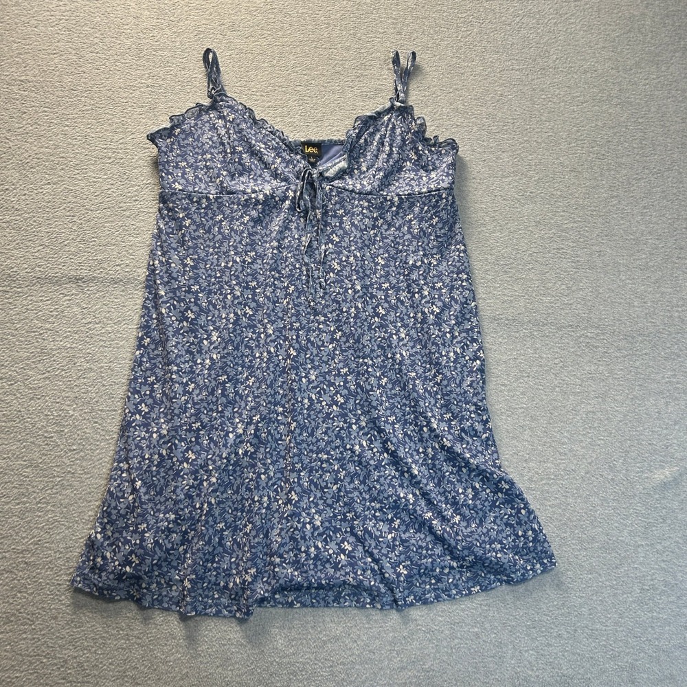 Lee Babydoll Cami Tank Top Womens L Blue Floral Tie Front Sleeveless Boho Ruffle